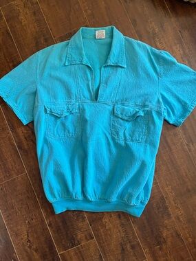 Vintage California Drawstrings Turquoise Short-Sleeve Barkcloth polo Shirt XL